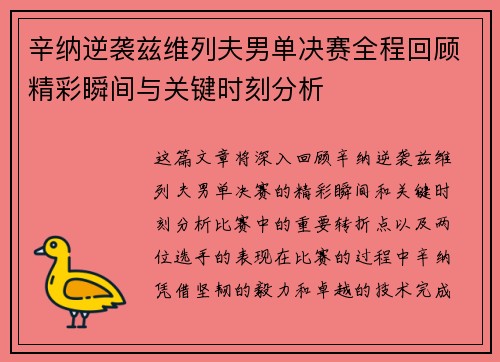 辛纳逆袭兹维列夫男单决赛全程回顾精彩瞬间与关键时刻分析