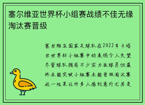 塞尔维亚世界杯小组赛战绩不佳无缘淘汰赛晋级